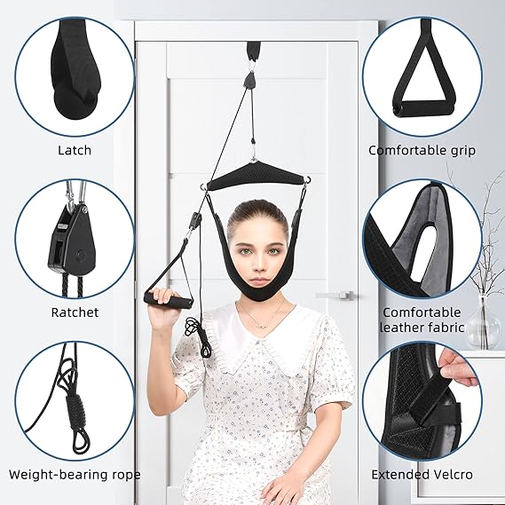 Upgraded Neck Stretcher Cervical Neck Traction Device,Double Ratchet Neck Tension Relief Portable Over The Door Device,for Physical Therapy,Neck Pain Relief, Vertebrae Disk Herniation,Black