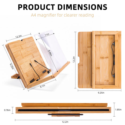 Fewener Full Page Magnifier for Reading with Clip - Comfortable Bamboo Book Stand, 3x Magnifying Glass,