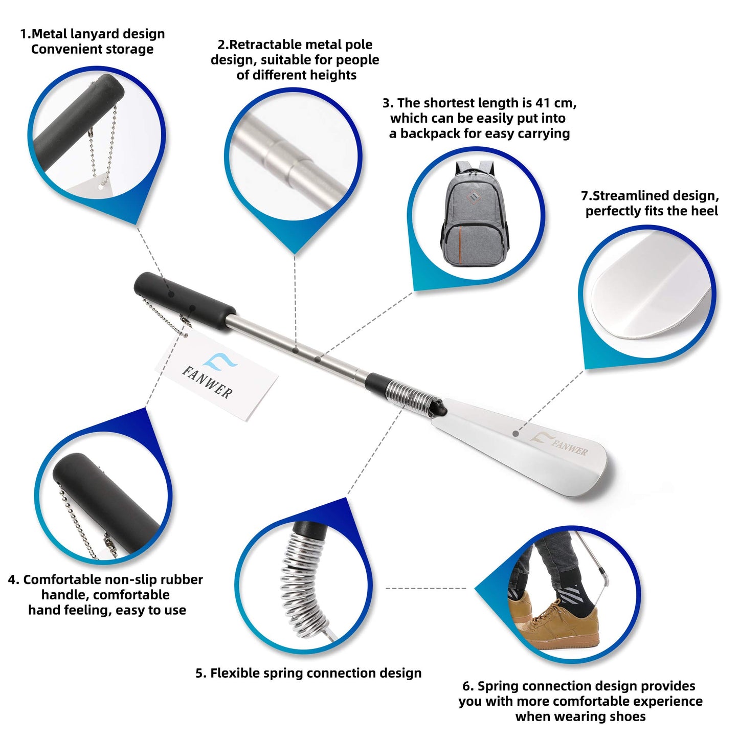 2 Premium Extra-Long Metal Shoe Horns with Telescopic Handles