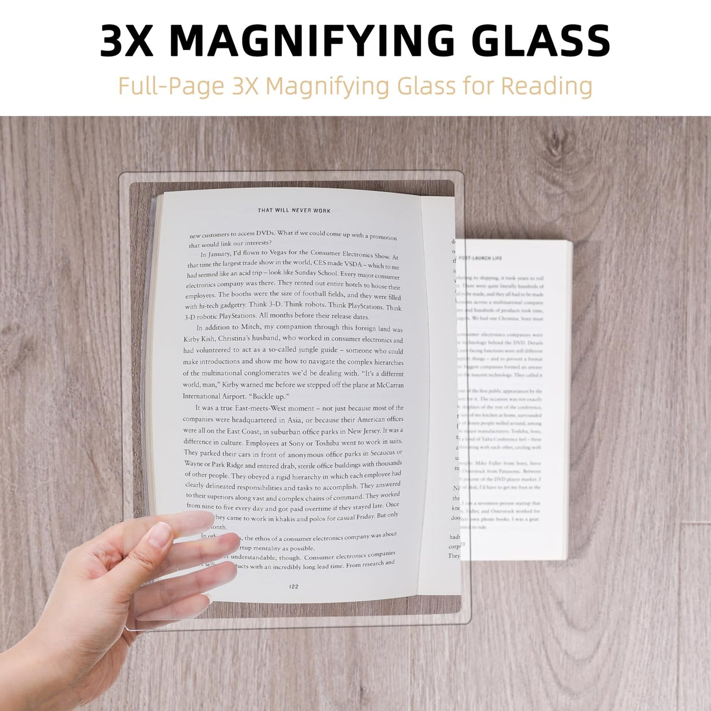 Fewener Full Page Magnifier for Reading with Clip - Comfortable Bamboo Book Stand, 3x Magnifying Glass,