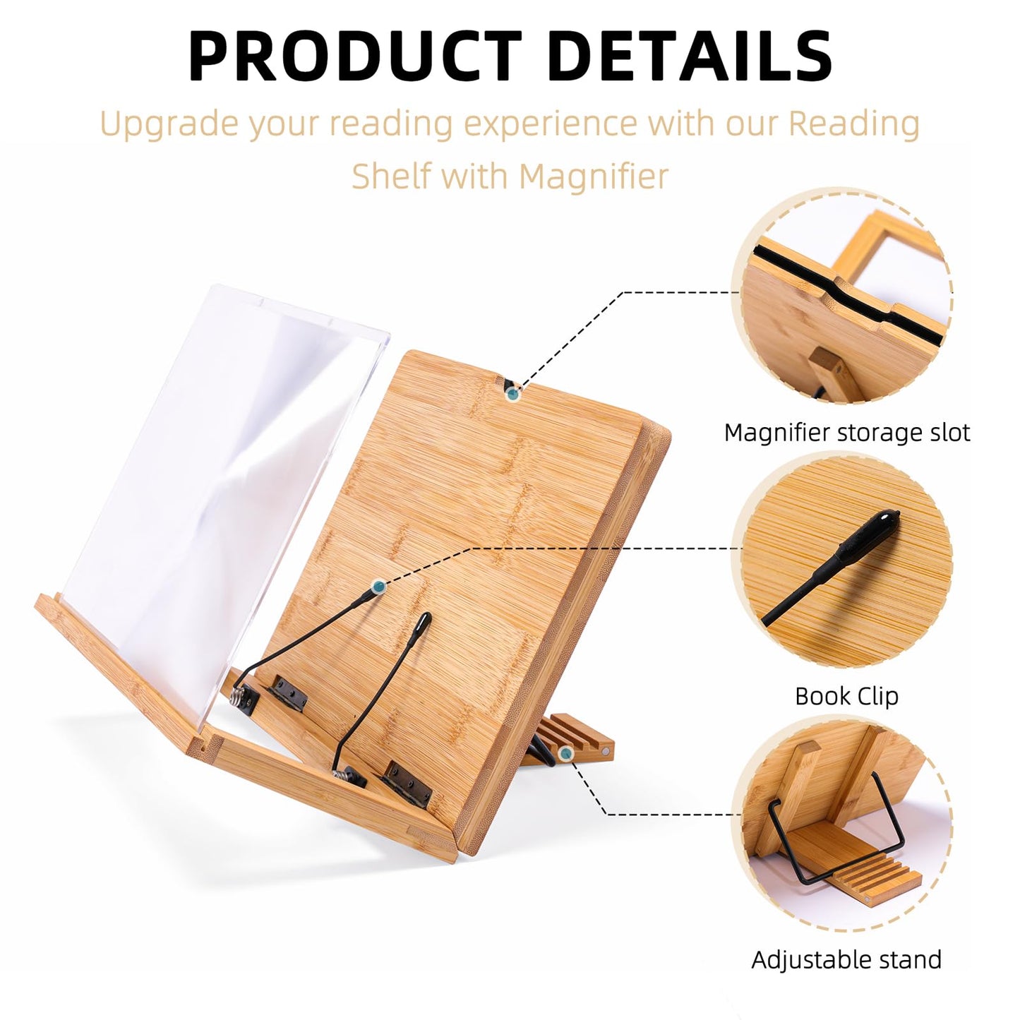 Fewener Full Page Magnifier for Reading with Clip - Comfortable Bamboo Book Stand, 3x Magnifying Glass,