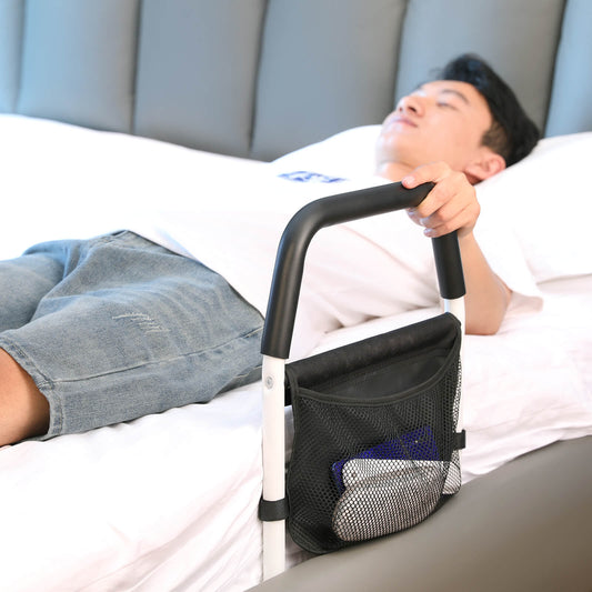 13.8'' handle bed safety guard rail for seniors, adults or elderly, man lying in bed