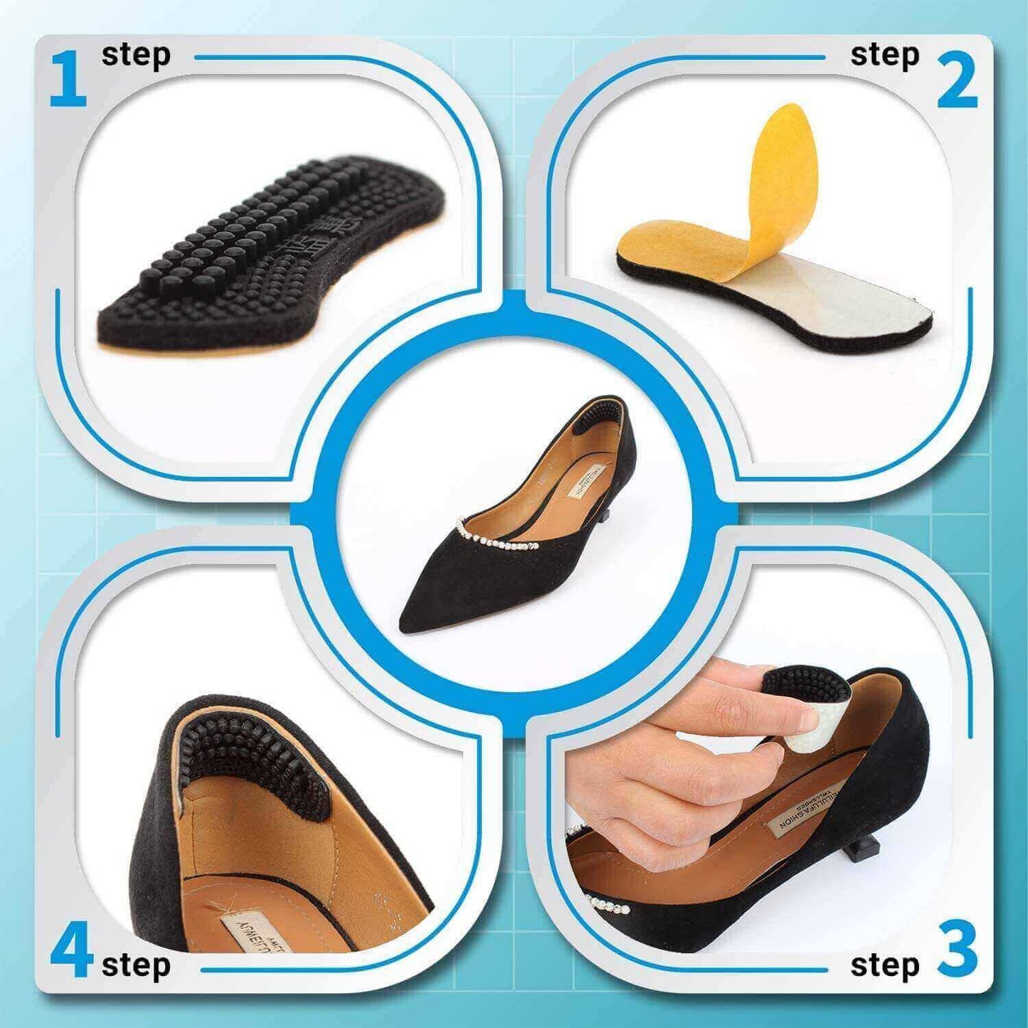 3 heel grips for high heels, heel liner cushion inserts and insoles, using methods