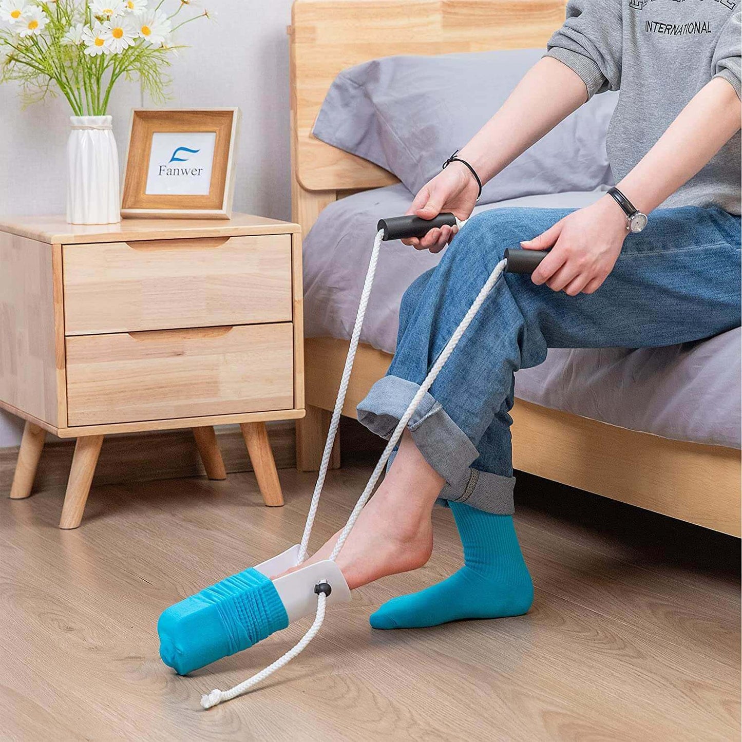 Fanwer Dressing Aid for Socks&Pants, Dressing Assist Tool for Elderly, a user is using the sock aid