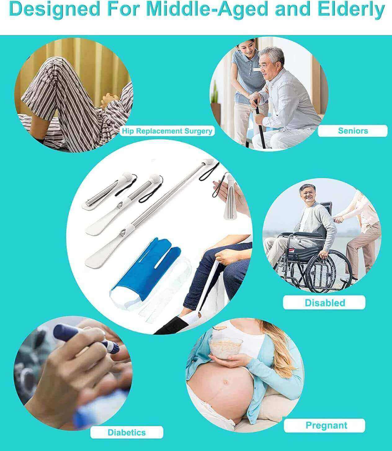 Long Handled Shoe Horn with Sock Aid Mix of Dressing Aids, targeted users examples