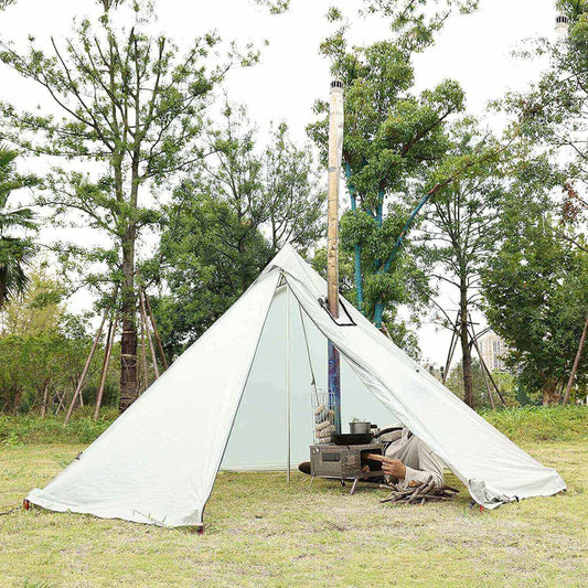 Portable tent wood burning stove with chimney for backpacking and camping, real outdoor camping photo with the tent stove in