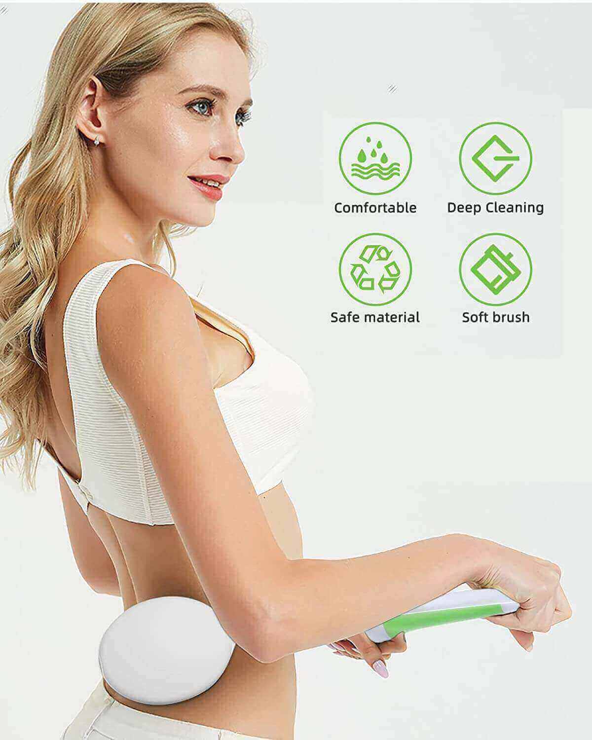 fanwer long-handle curved bath brush for back scrub, a female model is using the item