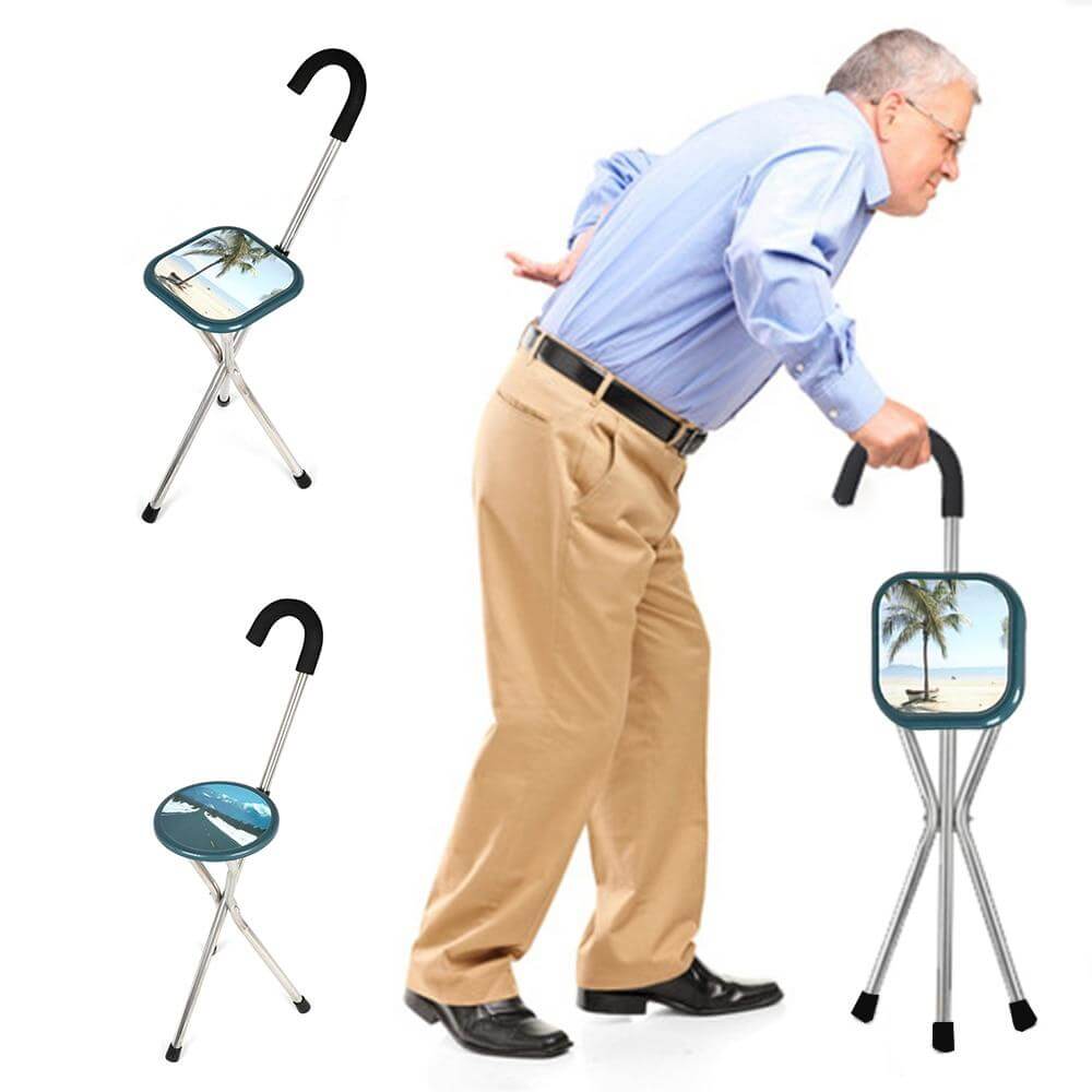 Folding Cane Chair Walking Stick with Tripod Stool Seat for Camp
