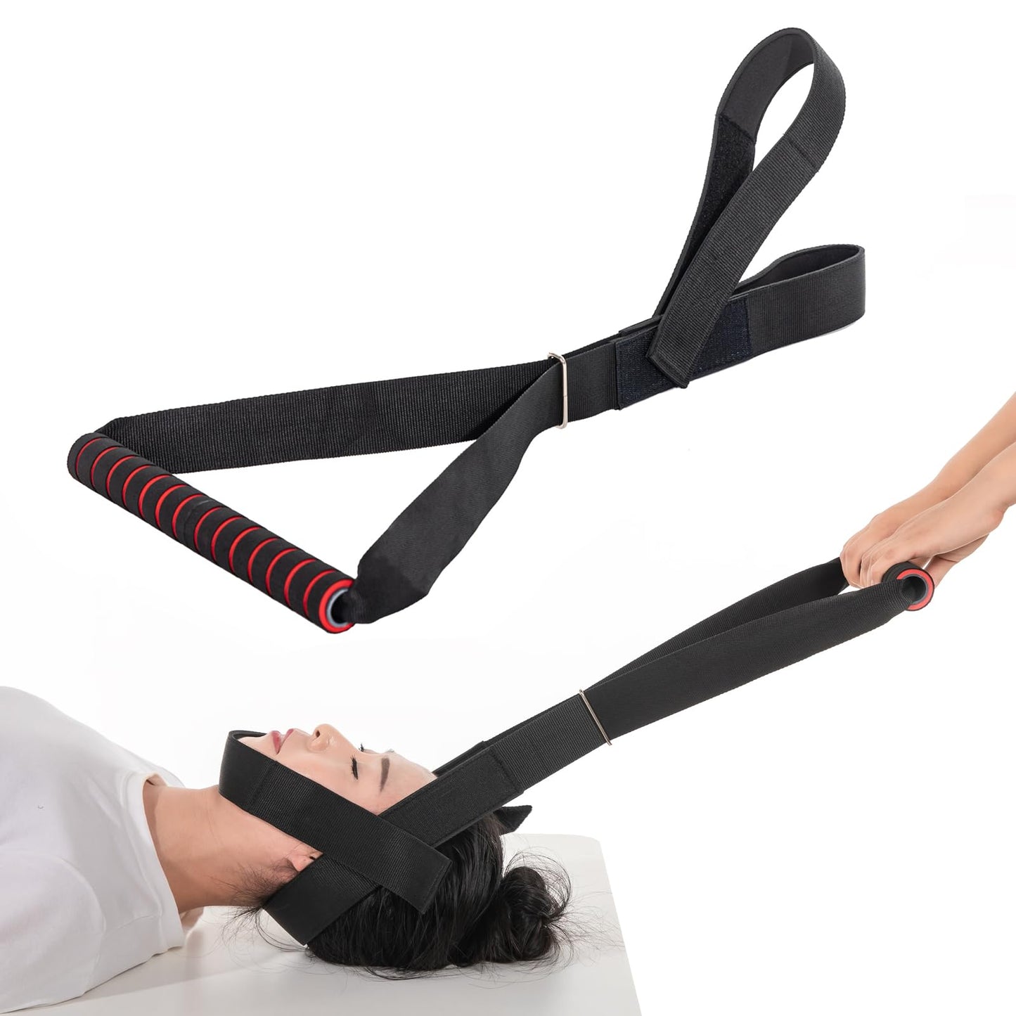 Fewener Neck Stretcher Strap - Decompression Device for Spine Chiropractic, Neck Discomfort & Headache Relief with Comfortable Handle, Chin Strap, Black/Red Strap Handle - Ultimate Neck Strap Tool