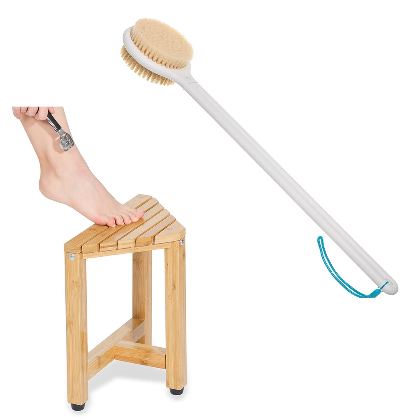 13.2" Shower Foot Rest for Shaving Legs,Corner Shower Stool,20.5" Back Scrubber for Shower,Back Brush Long Handle for Shower