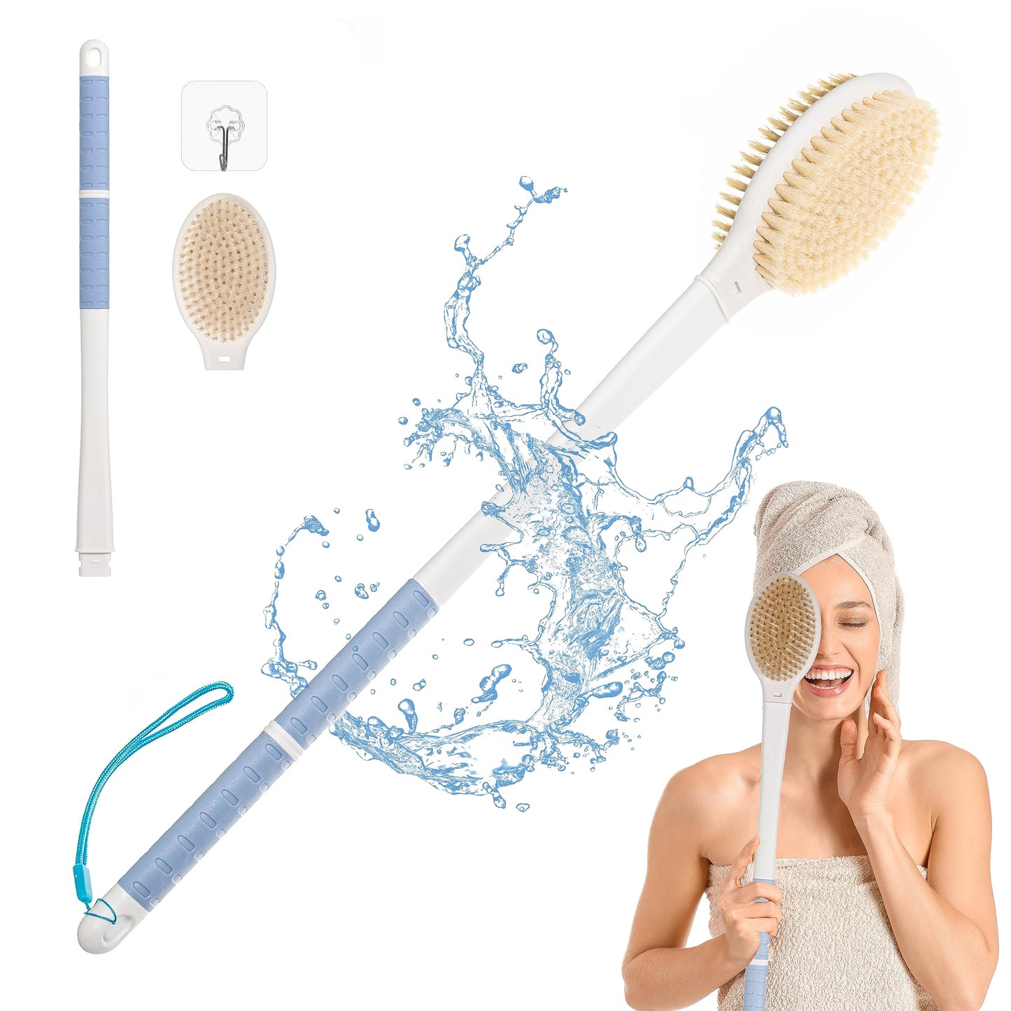 TYYIHUA 20.5" Back Bath Brush Long Handle for Shower for Elderly,Men and Women,Back Scrubbers for Use in Shower,Dual-Sided Exfoliating Dry Brush with Stiff and Soft Bristles,Shower Scrubber for Body