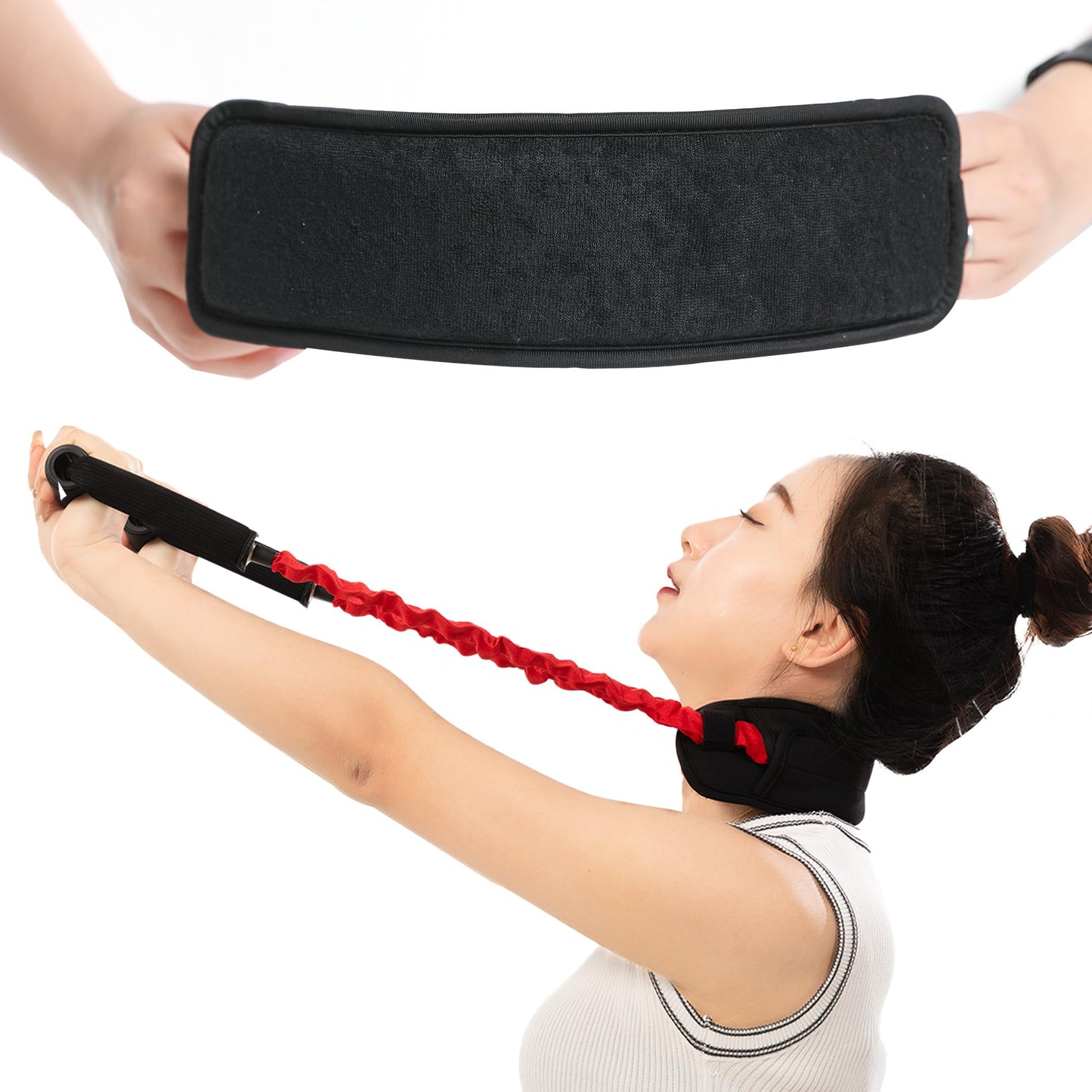 Neck Stretcher Exerciser - Cervical Traction Device for Neck Pain Relief, Neck Strengthener with Thicker Pad and Red Handle - Portable and Comfortable (30-40lb)