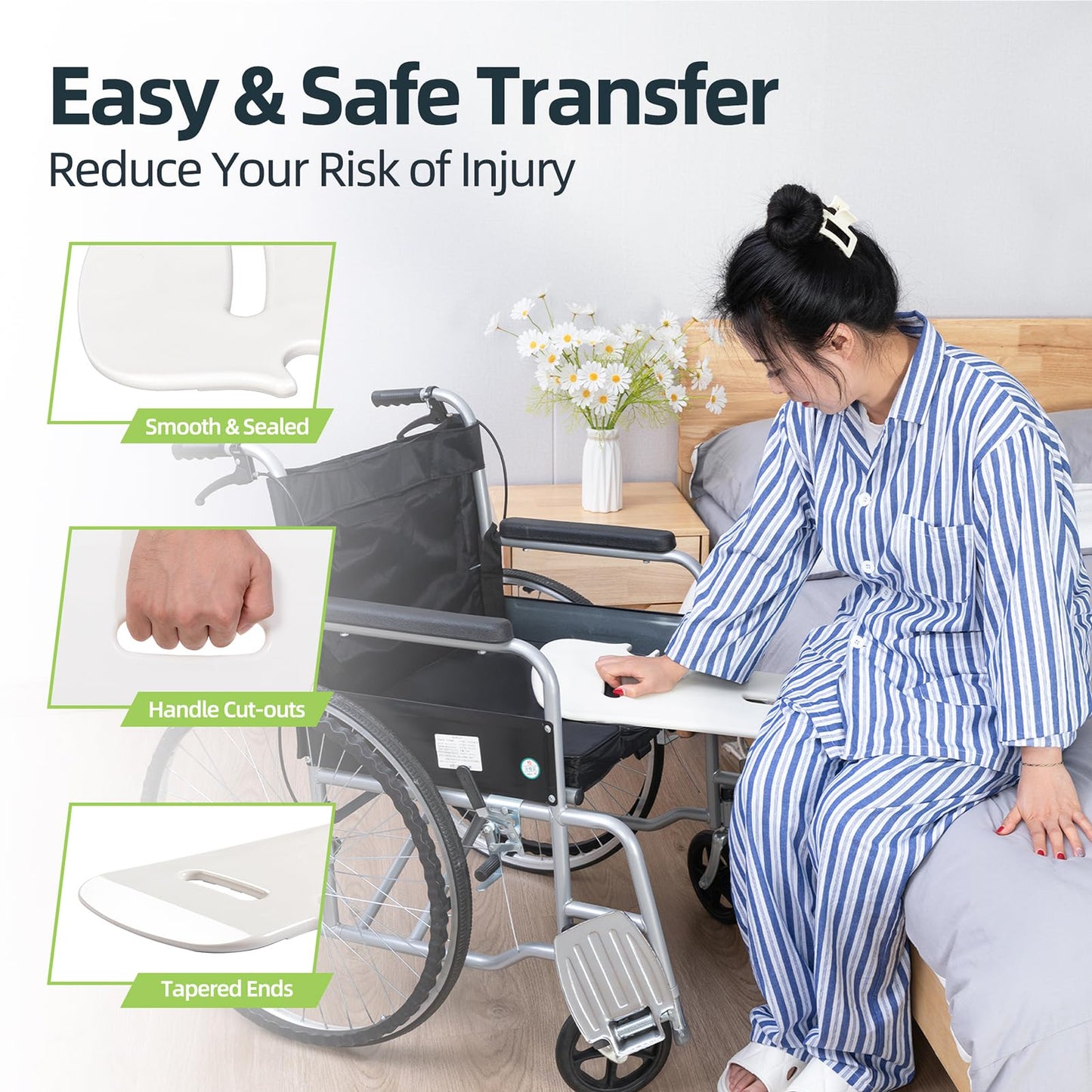 Fewener Slide Transfer Board,Tapered Edges,Non-Slip Pads,Curved with Handle,Extra-Smooth Plastic Patient Transfer Board for Transferring Patient,Elderly and Handicap from Wheelchair to Bed,Bathtub,Car