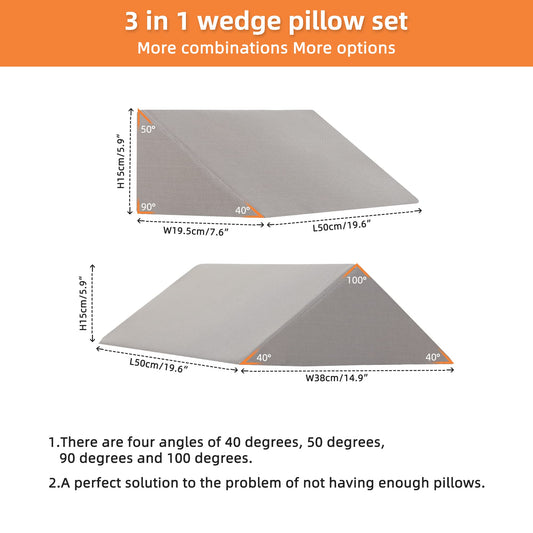Fanwer Bed Wedges & Body Positioners (3 in 1), 40 Degree Wedges for Bed Positioning,Positioning Pillows for Elderly, Wedge Pillow for Bed Sores, Side Sleeping, After Surgery, Knees Elevated,Back Pain