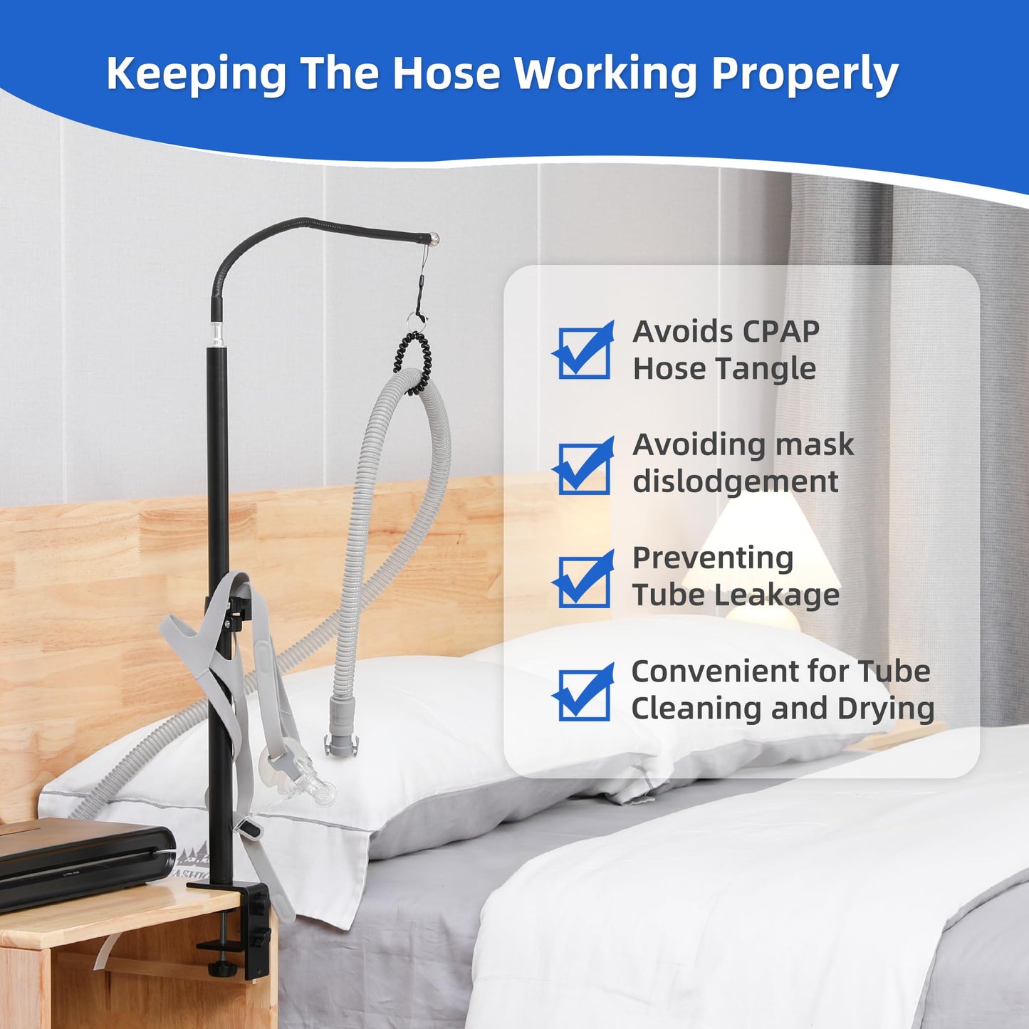 Cpap Hose Holder for Bed - Tangle-Free Cpap Hose Hanger - Angle Height Adjustable Cpap Tube Holder for Nightstand/Headboard,Home/Travel Cpap Holder Bedside