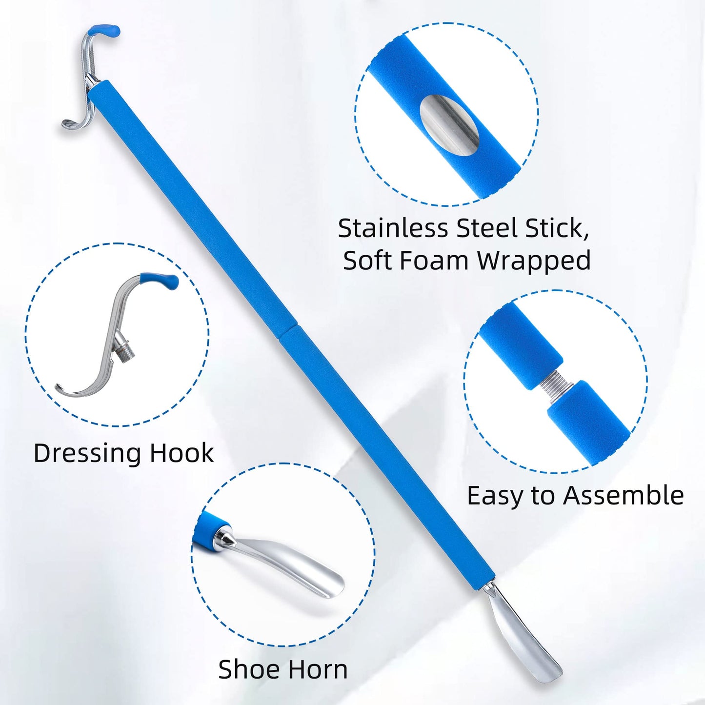 30.3" Metal Shoe Horn Long Handle for Seniors, Long Dressing Stick for Elderly with Sock Removal Tool, Adjustable Extended Dressing Stick Aid Helper for Shoes, Socks, Shirts and Pants