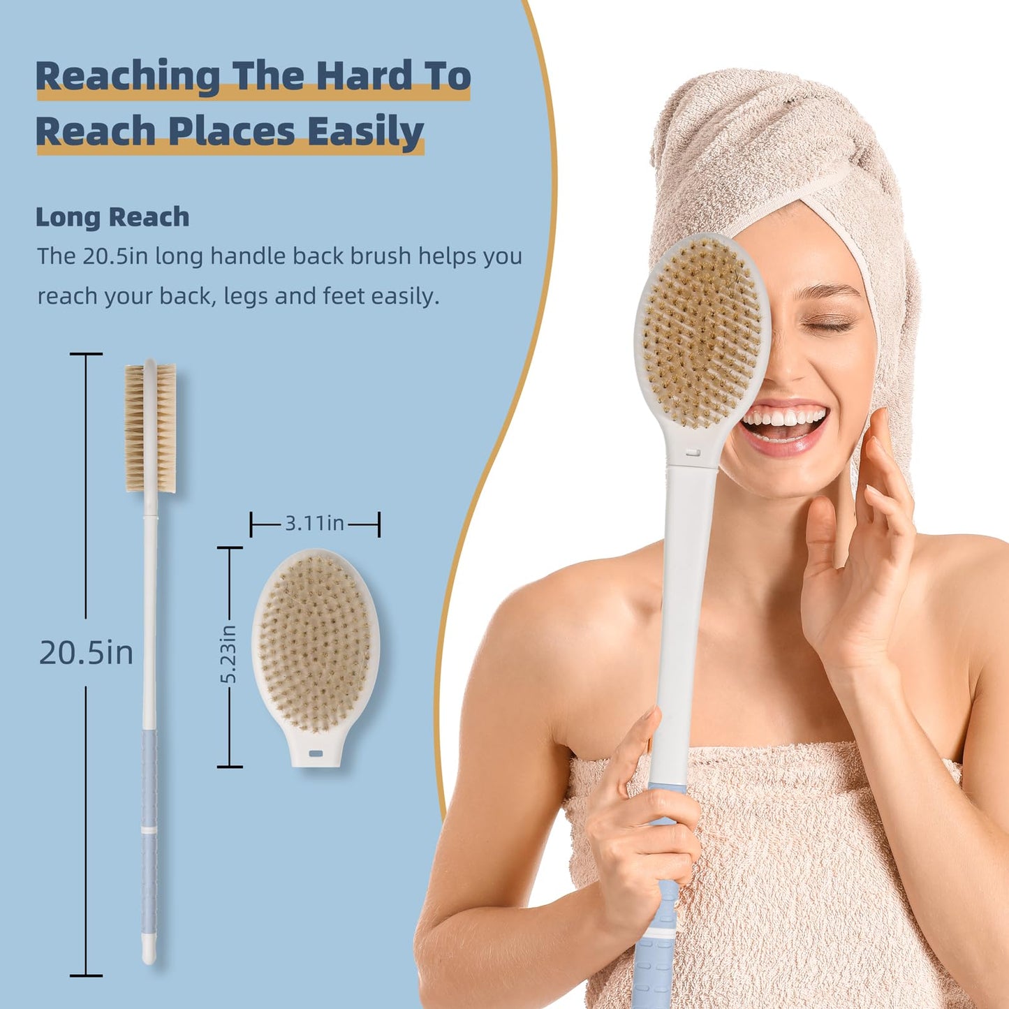 TYYIHUA 20.5" Back Bath Brush Long Handle for Shower for Elderly,Men and Women,Back Scrubbers for Use in Shower,Dual-Sided Exfoliating Dry Brush with Stiff and Soft Bristles,Shower Scrubber for Body