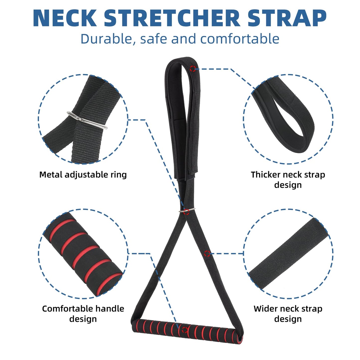 Fewener Neck Stretcher Strap - Decompression Device for Spine Chiropractic, Neck Discomfort & Headache Relief with Comfortable Handle, Chin Strap, Black/Red Strap Handle - Ultimate Neck Strap Tool