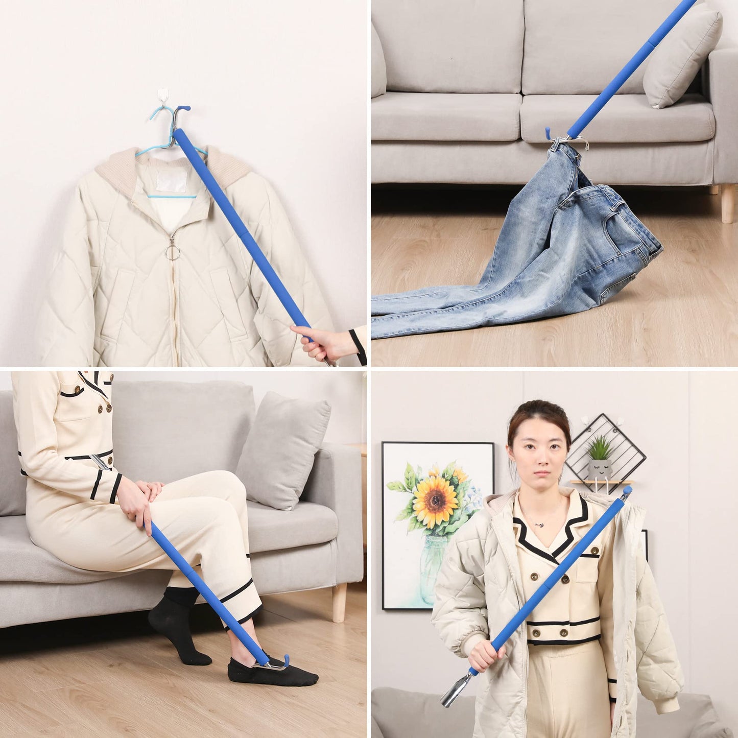 30.3" Metal Shoe Horn Long Handle for Seniors, Long Dressing Stick for Elderly with Sock Removal Tool, Adjustable Extended Dressing Stick Aid Helper for Shoes, Socks, Shirts and Pants