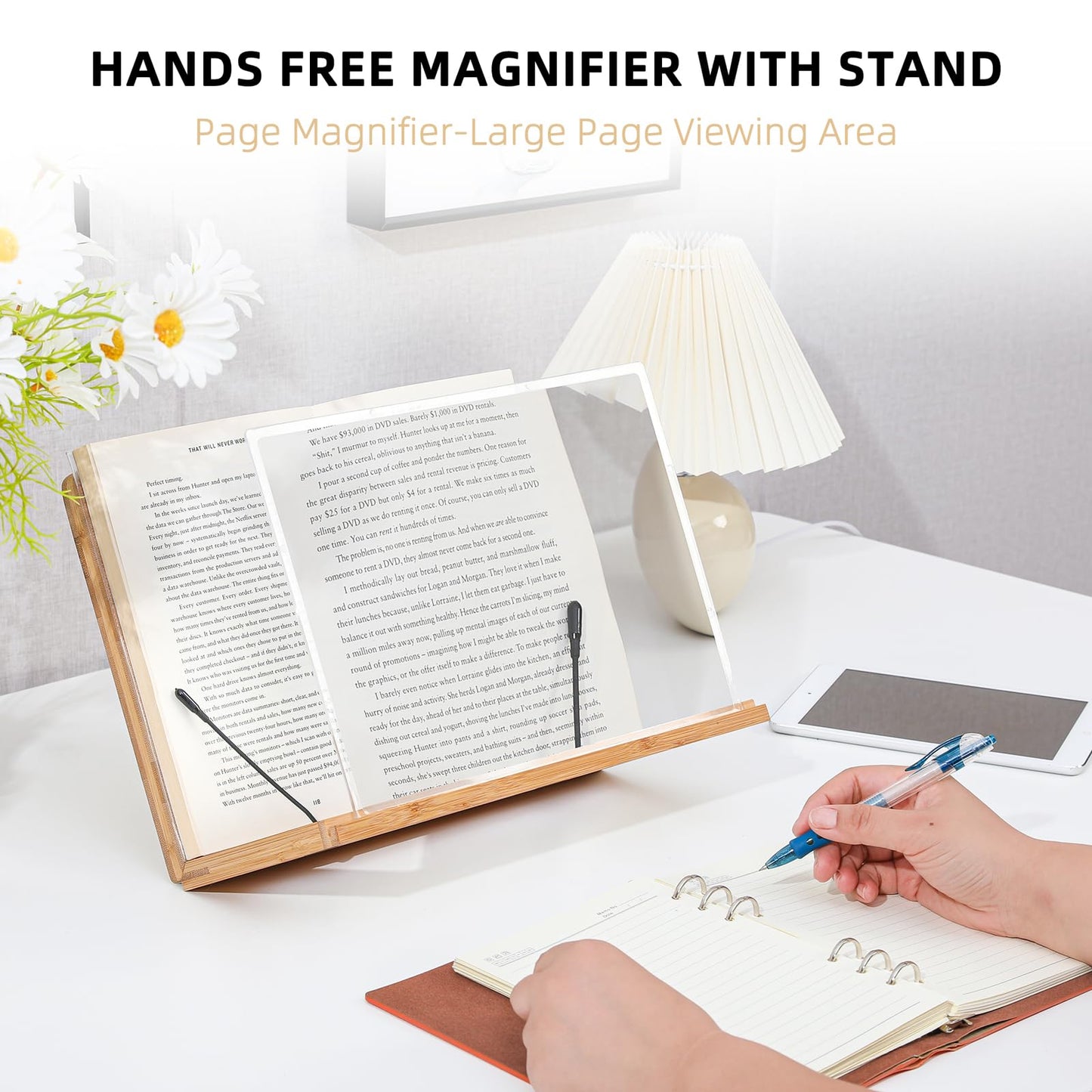 Fewener Full Page Magnifier for Reading with Clip - Comfortable Bamboo Book Stand, 3x Magnifying Glass,