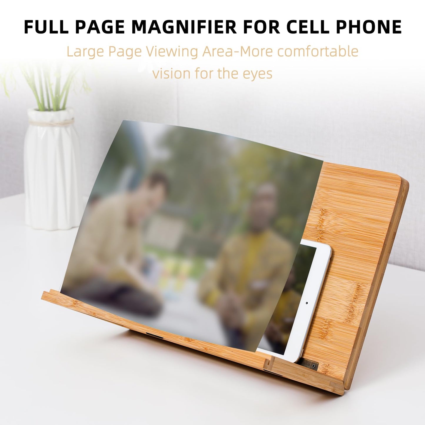 Fewener Full Page Magnifier for Reading with Clip - Comfortable Bamboo Book Stand, 3x Magnifying Glass,