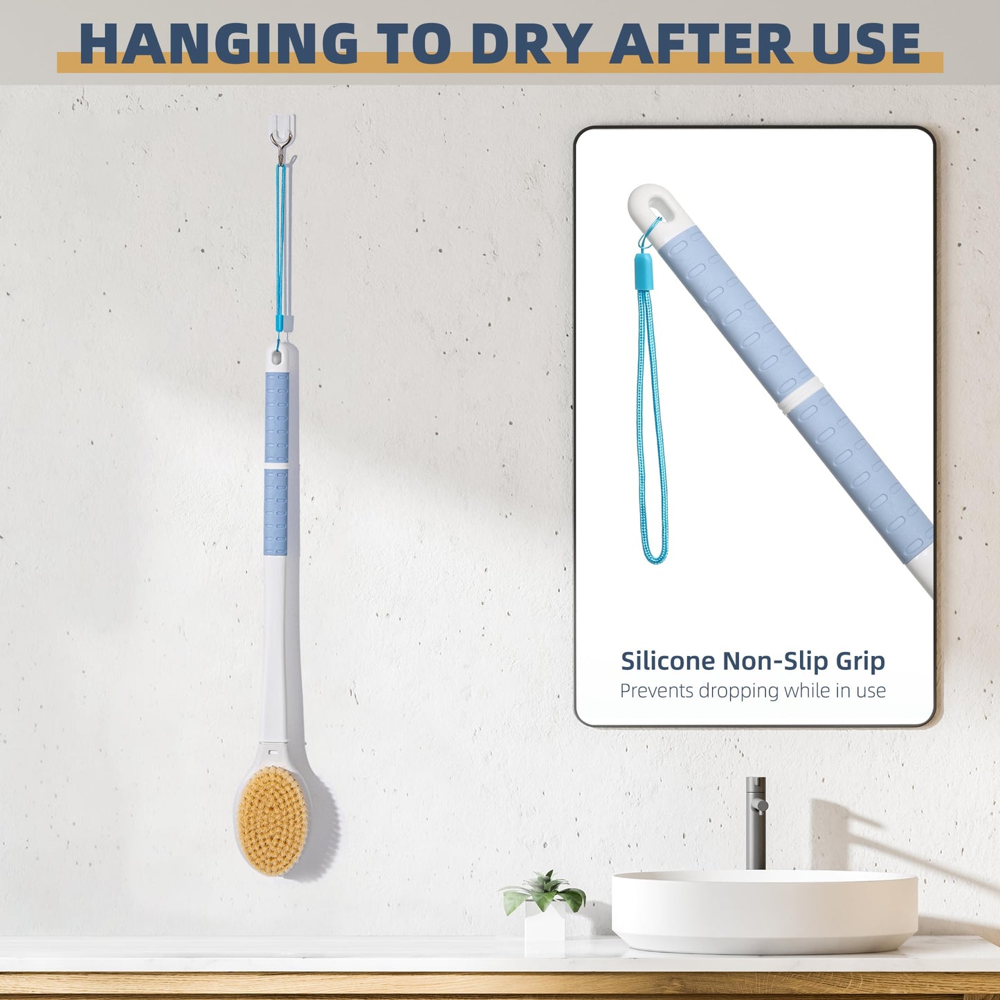 TYYIHUA 20.5" Back Bath Brush Long Handle for Shower for Elderly,Men and Women,Back Scrubbers for Use in Shower,Dual-Sided Exfoliating Dry Brush with Stiff and Soft Bristles,Shower Scrubber for Body