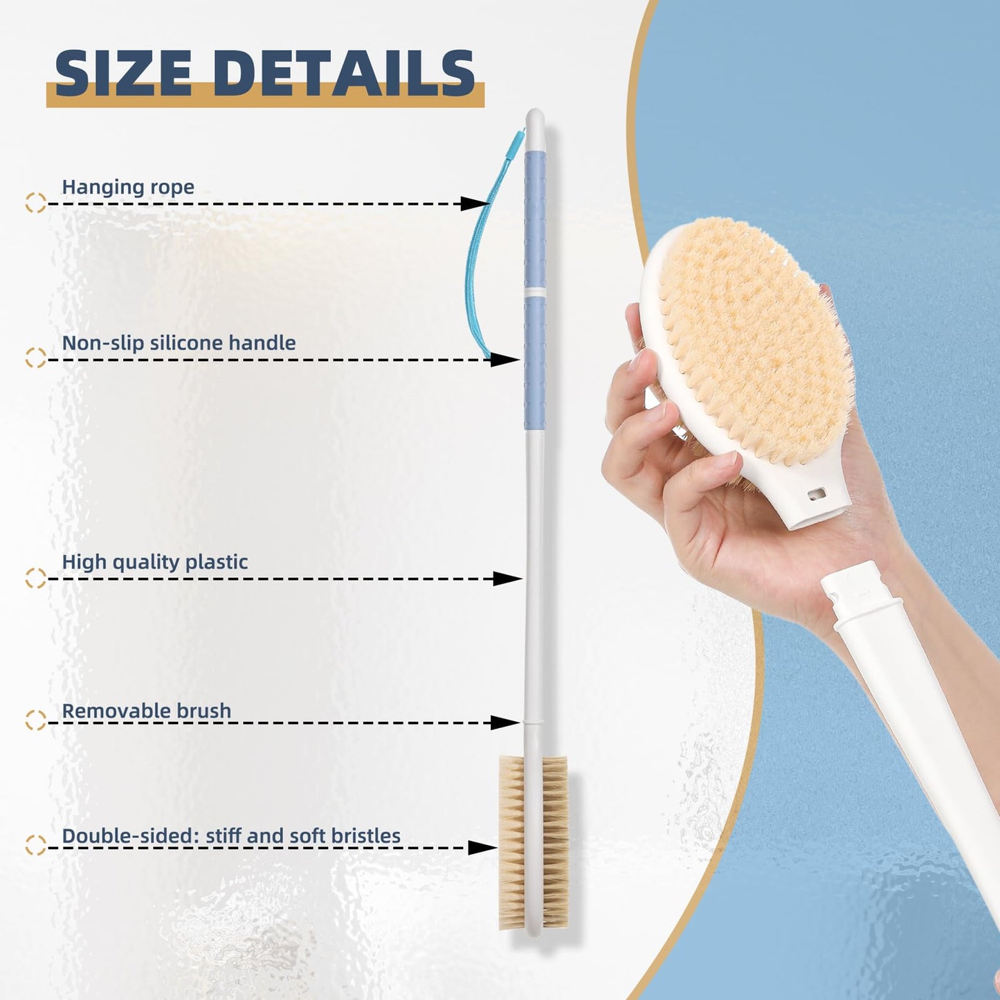 TYYIHUA 20.5" Back Bath Brush Long Handle for Shower for Elderly,Men and Women,Back Scrubbers for Use in Shower,Dual-Sided Exfoliating Dry Brush with Stiff and Soft Bristles,Shower Scrubber for Body