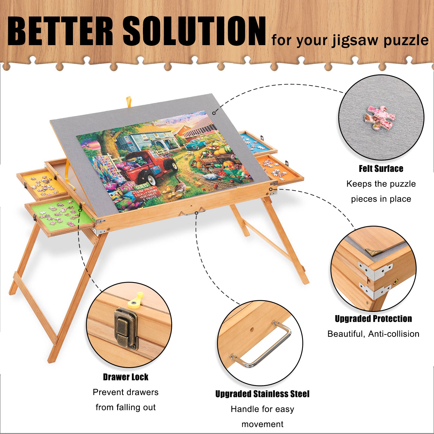 1500 Piece Puzzle Board - Wooden Puzzle Table w/ Drawers And Free