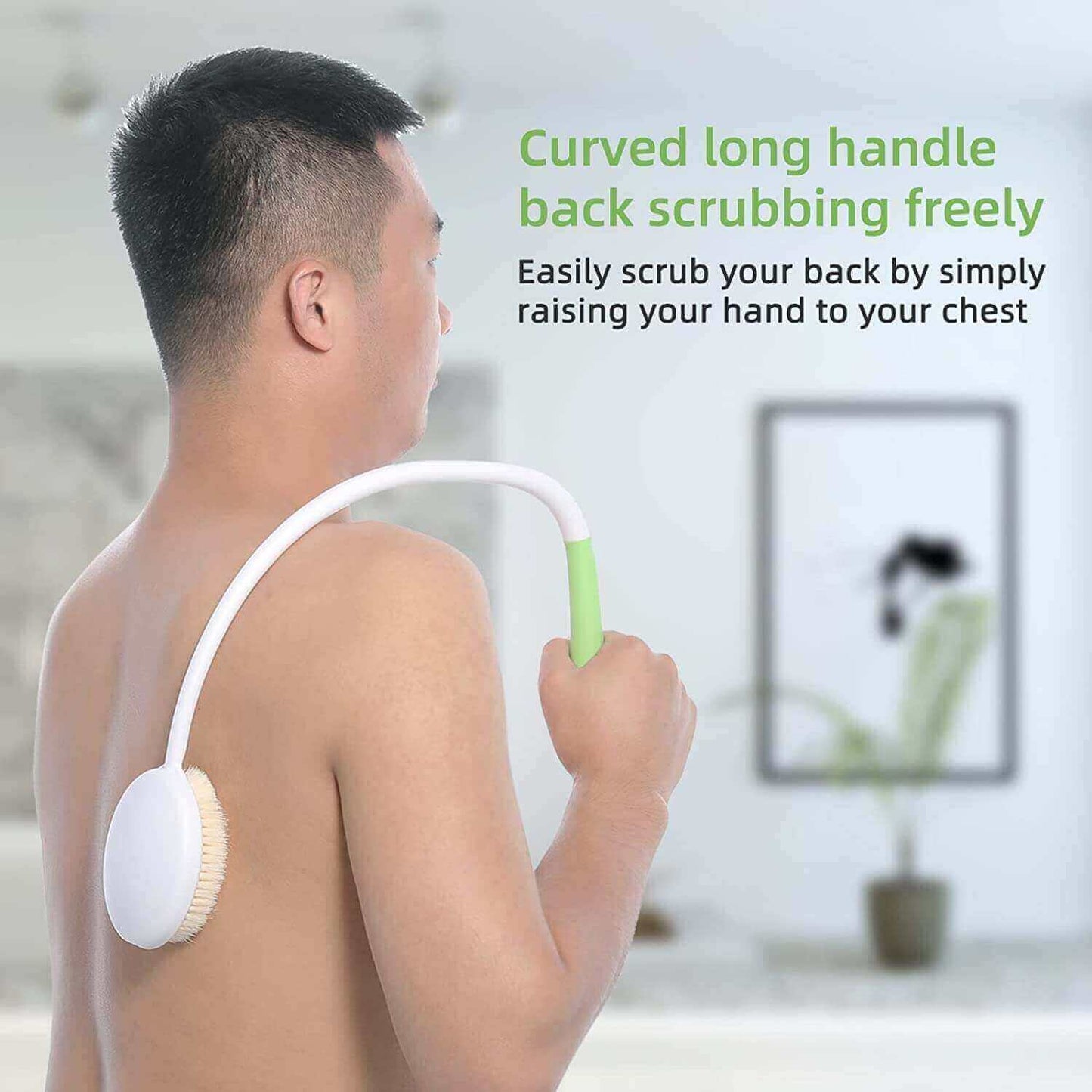 2 Pcs Fanwer curved long-handled bath brushes, a man is using the item