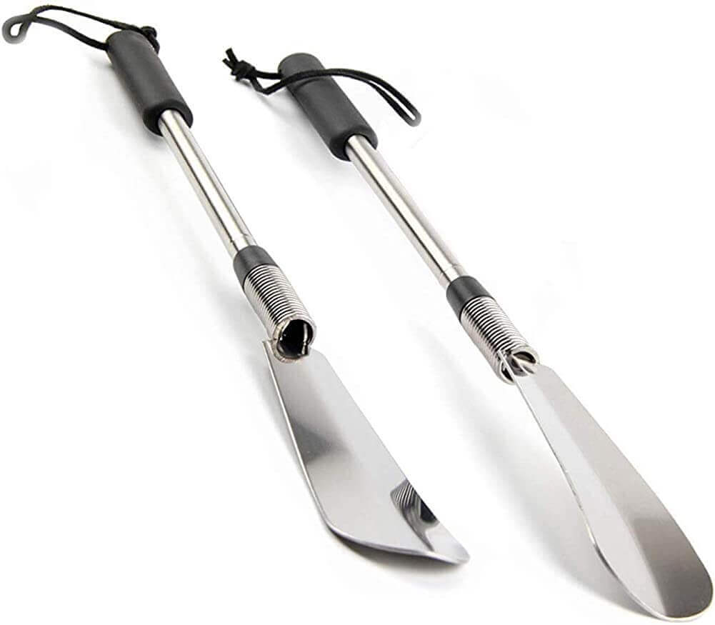 2 premium extra-long metal shoe horns with telescopic handles, the front and the back side 