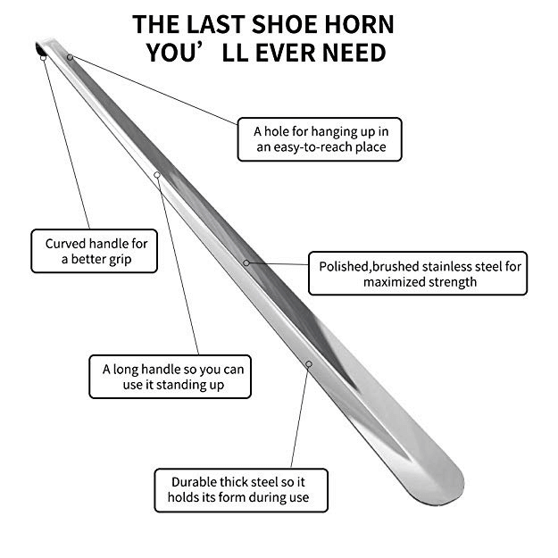 31.5'' extra long metal shoe horn by Fanwer, w stainless steel handle, product details demo 