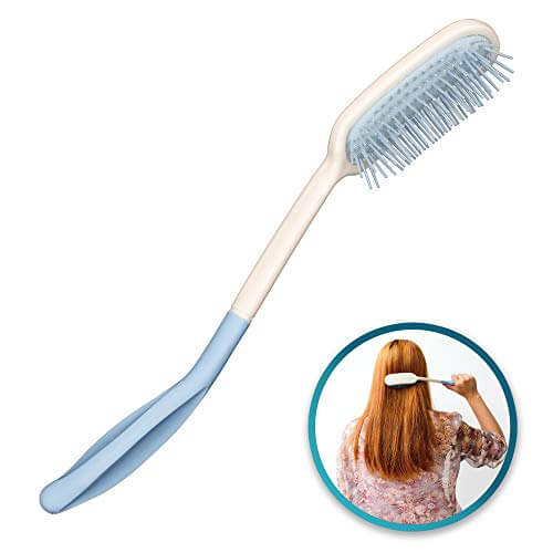 14-inch long-handled hair brush for arthritis or disabled's daily living mobility aid, product image with red hair woman