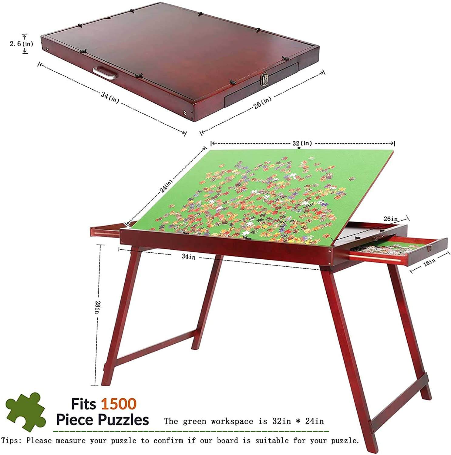 1500 piece jigsaw puzzle table with drawers & folding legs for coffee, the size of the puzzle table