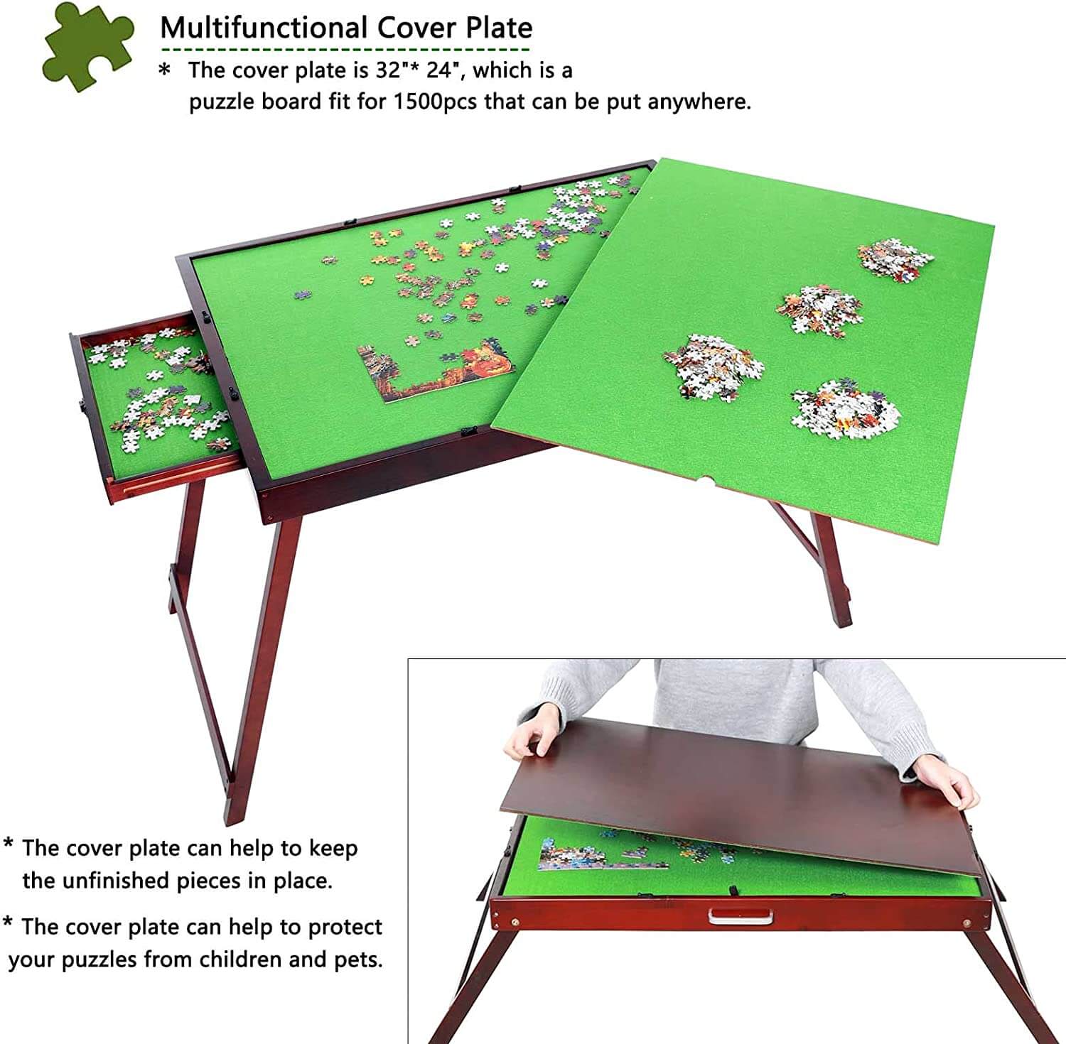 1500 piece jigsaw puzzle table with drawers & folding legs for coffee, multipurpose