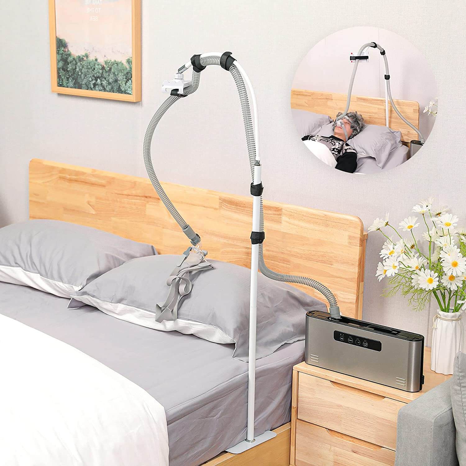 CPAP hose holder/stand with 360° rotating clip & adjustable arm for bed, the stand position