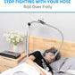 CPAP hose holder/stand with 360° rotating clip & adjustable arm for bed, ads slogan