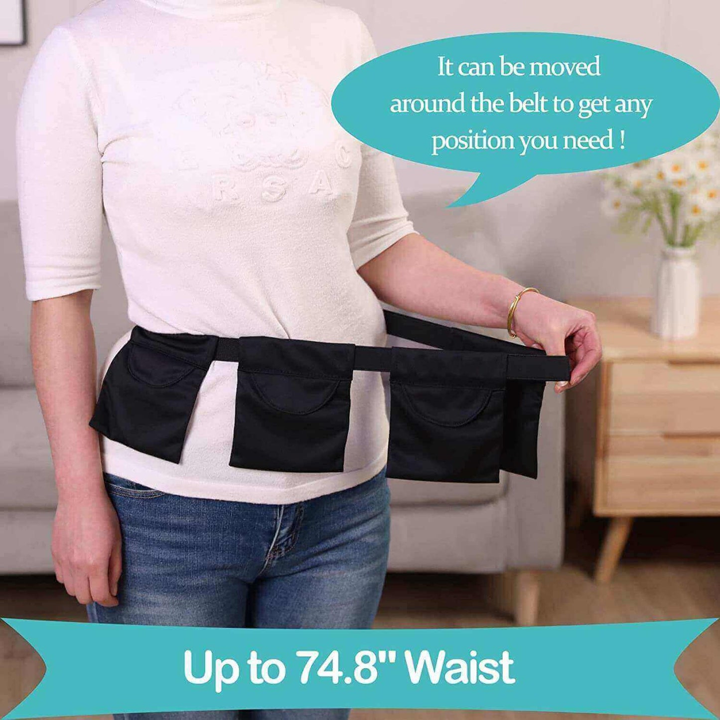 Black mastectomy drain holder, belt on the waist is movable