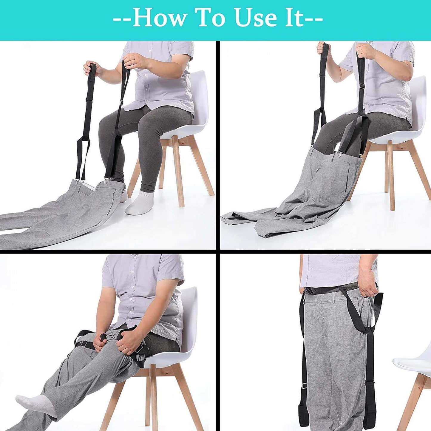 clip and pull dressing aid for pants, assist tool to pull up pants, 4 steps of using the product