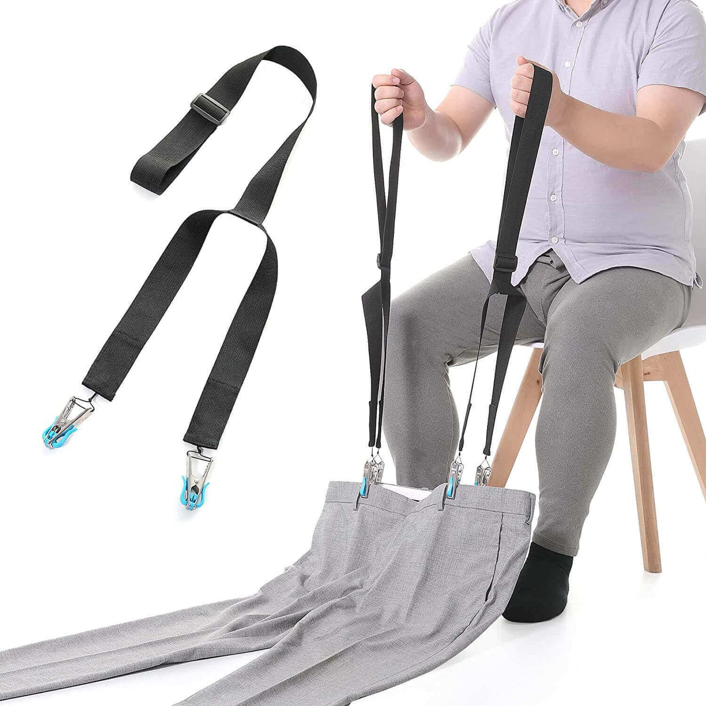 cip and pull dressing aid for pants, the user is pulling up the pants