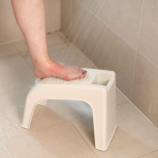 Dark Blue Shower Foot Rest Stool for Shaving, foot on the stool