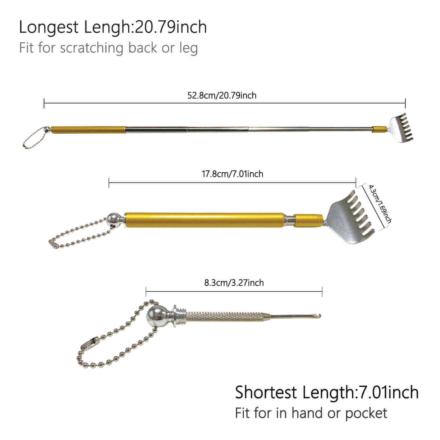 Extendable Back Scratcher with Built-in Ear Wax Remover, 3 adjustable lengths