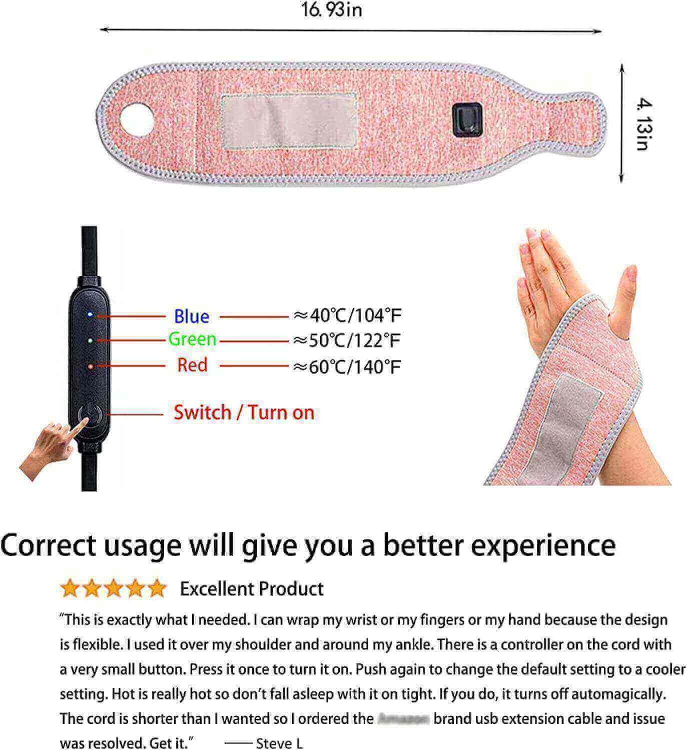 Fanwer Electric Heating Pad for Wrist & Hand, temperature changing with colors
