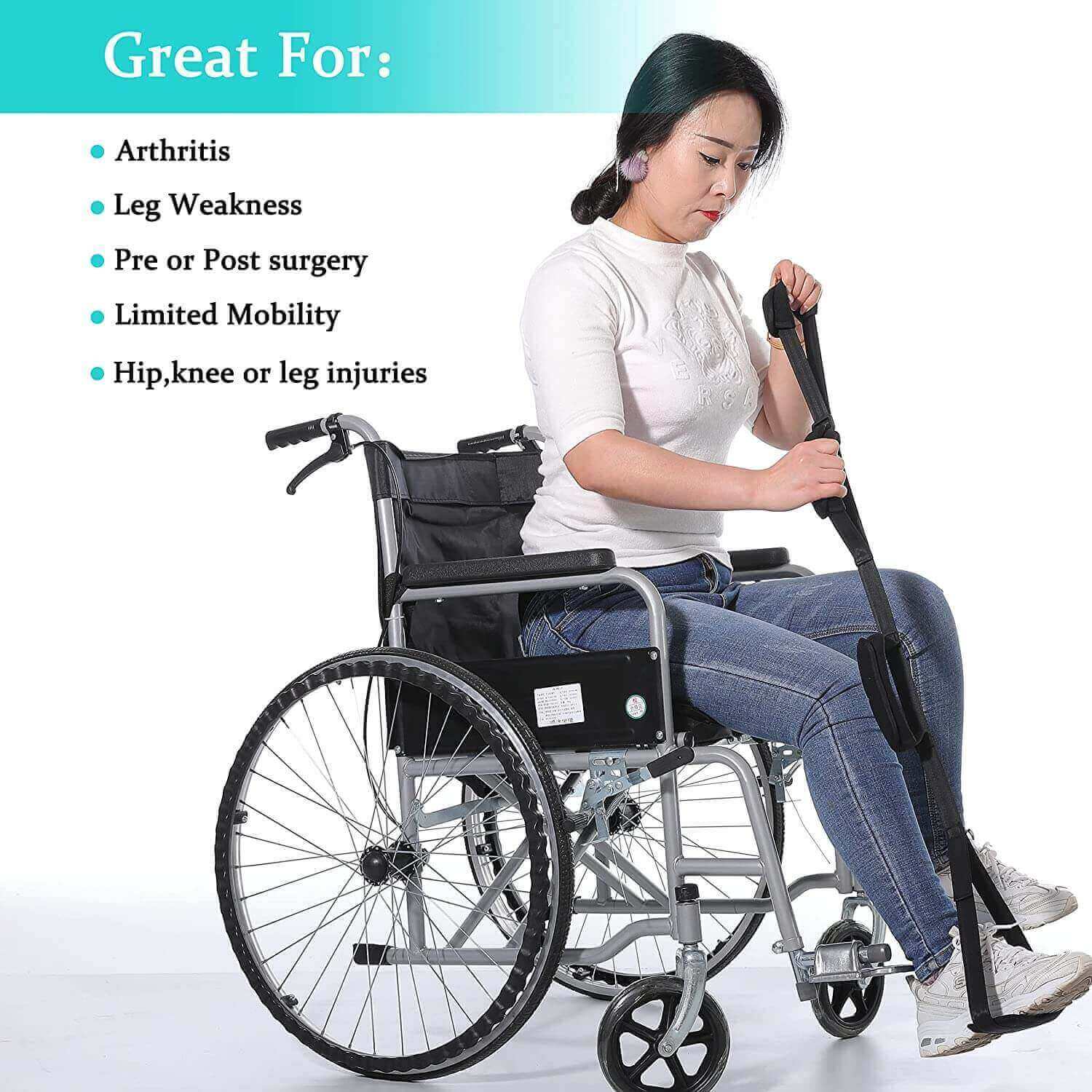 Fanwer Leg Lifter Strap for Transfer Aids, user using it on the wheelchair 