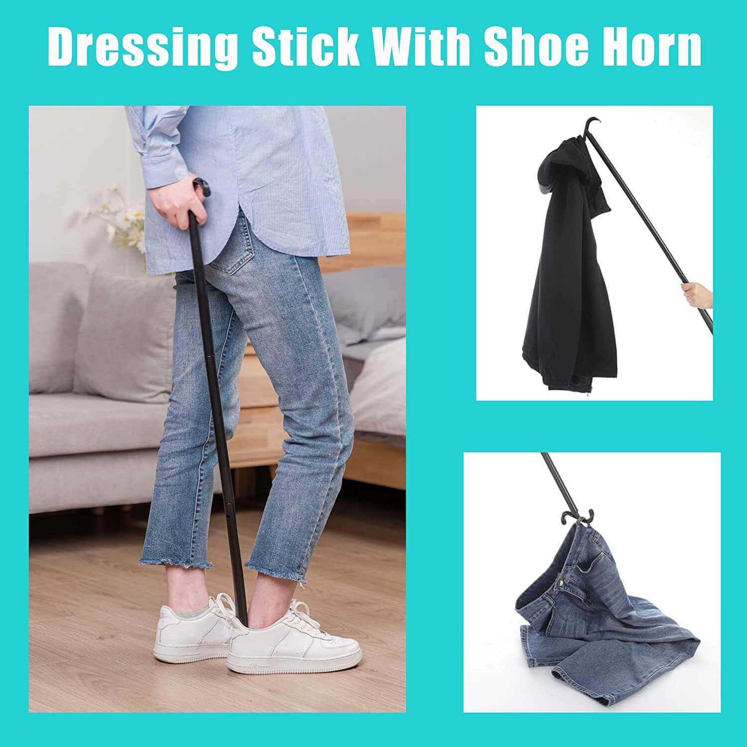 Fanwer Long-Handle Shoe Horn Dressing Stick Sock Remover for Seniors, two functions as shoe horn and dressing stick