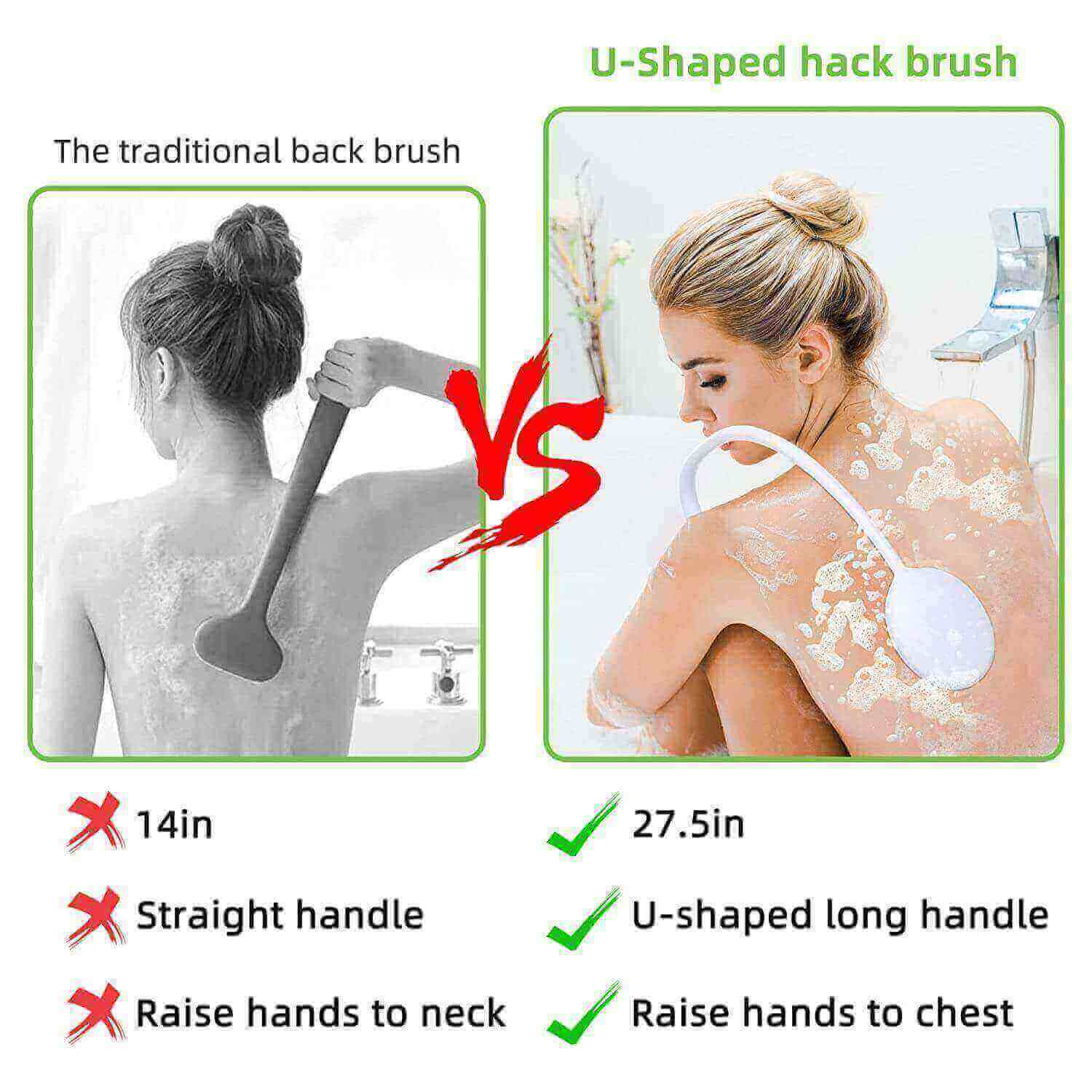 Fanwer Long-handle Curved Bath Brush with Silicone Scrubber, comparison between long and curved shower brushes
