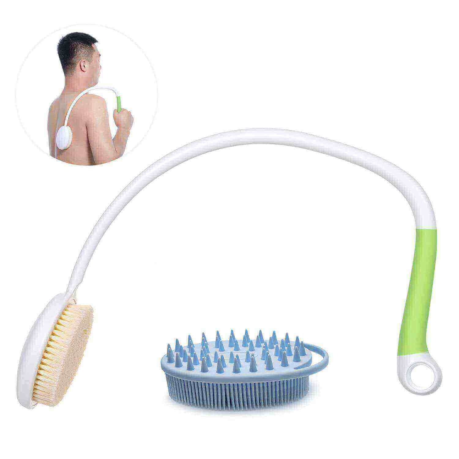 Fanwer Long-handle Curved Bath Brush with Silicone Scrubber, feature image