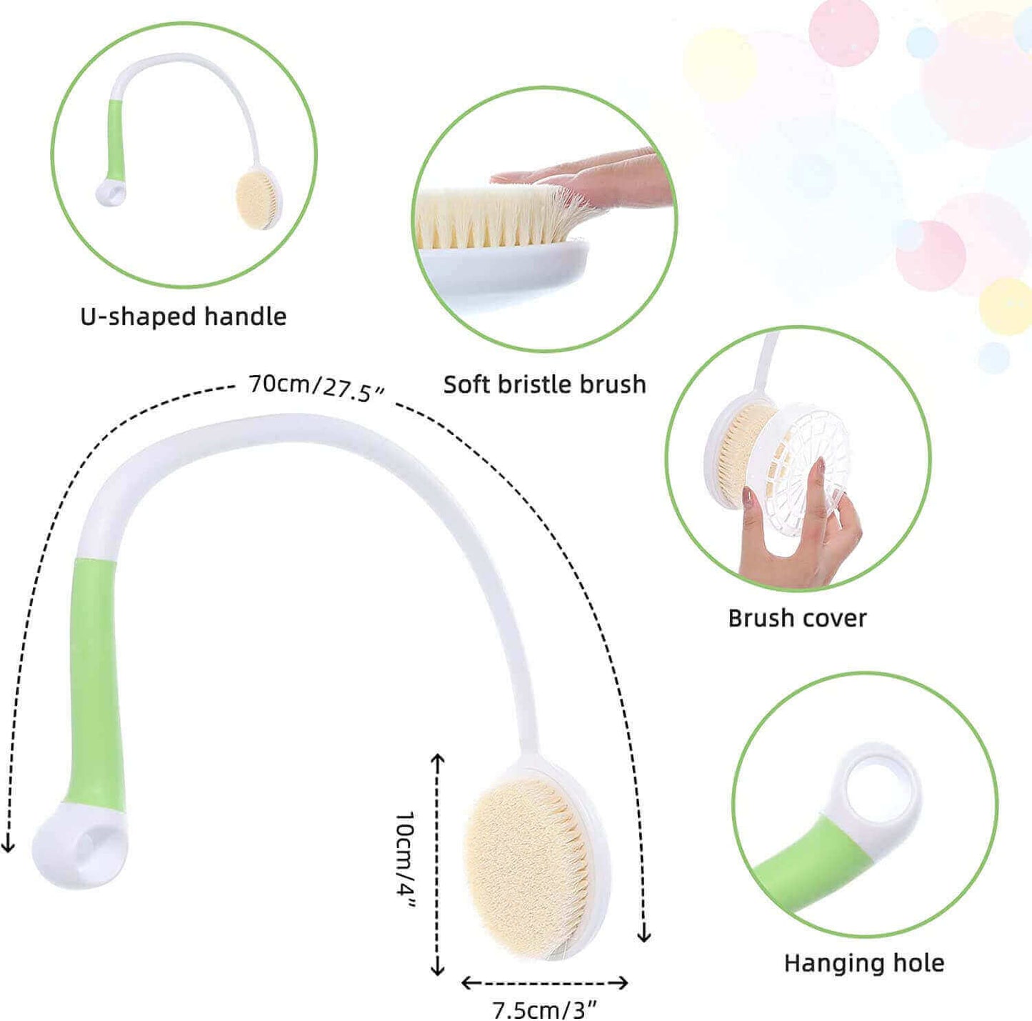 Fanwer Long-handle Curved Bath Brush with Silicone Scrubber, item details