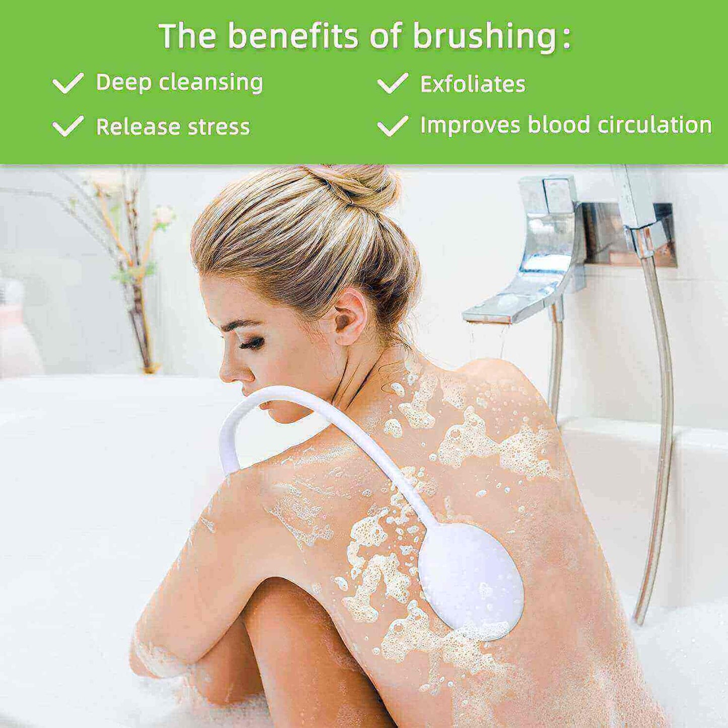 Fanwer Long-handle Curved Bath Brush with Silicone Scrubber, one woman is using the brush