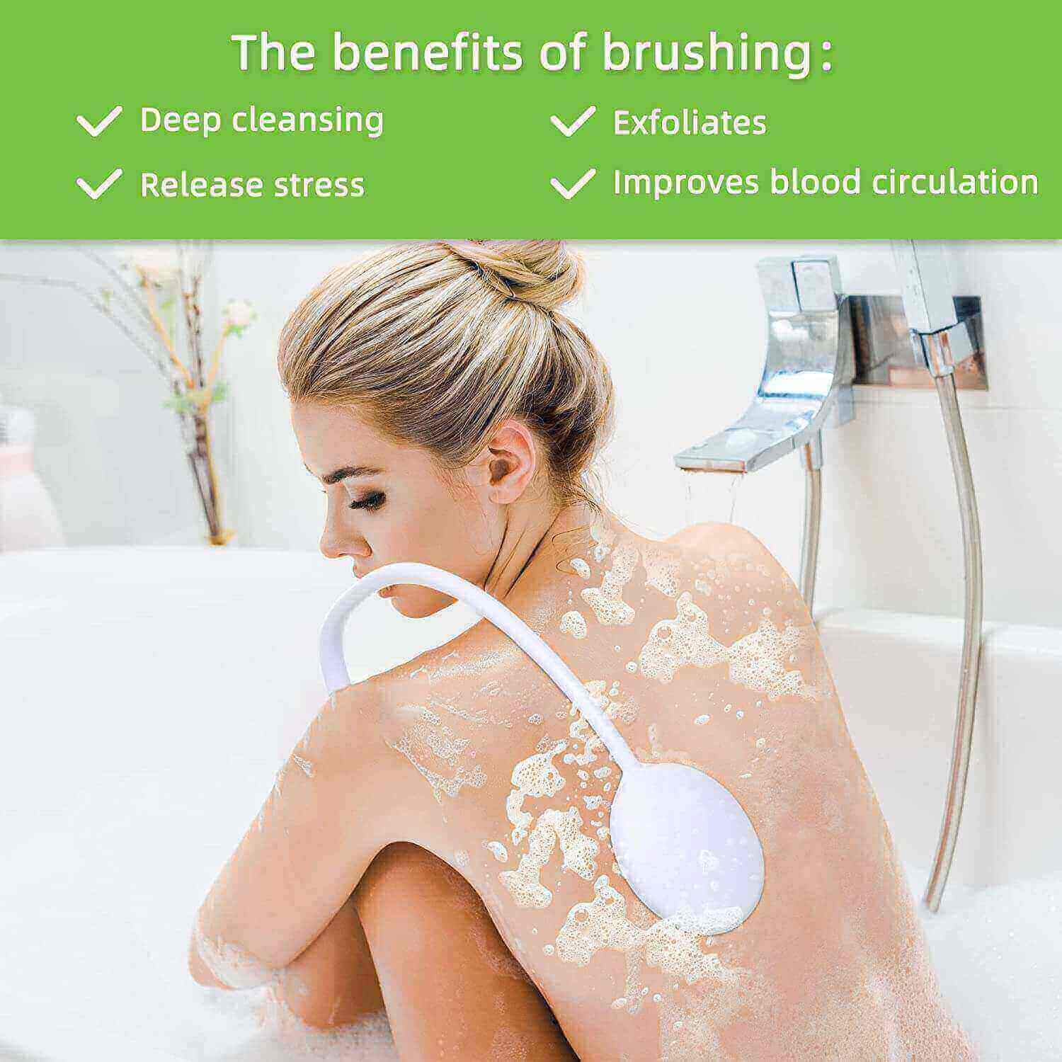 Fanwer Long-handle Curved Bath Brush with Silicone Scrubber, one woman is using the brush