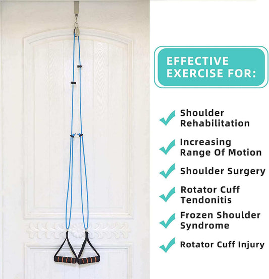 Fanwer Shoulder Pulley for Rotator Cuff Exercises and Frozen Shoulder, the item on white door with functions